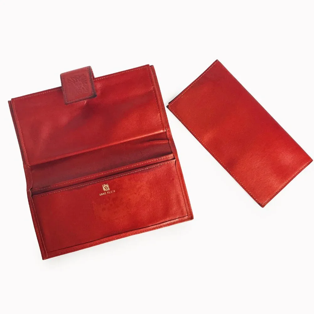 Vintage Anne Klein Wallet Checkbook Holder Bifold Rust Leather Kiss Lock